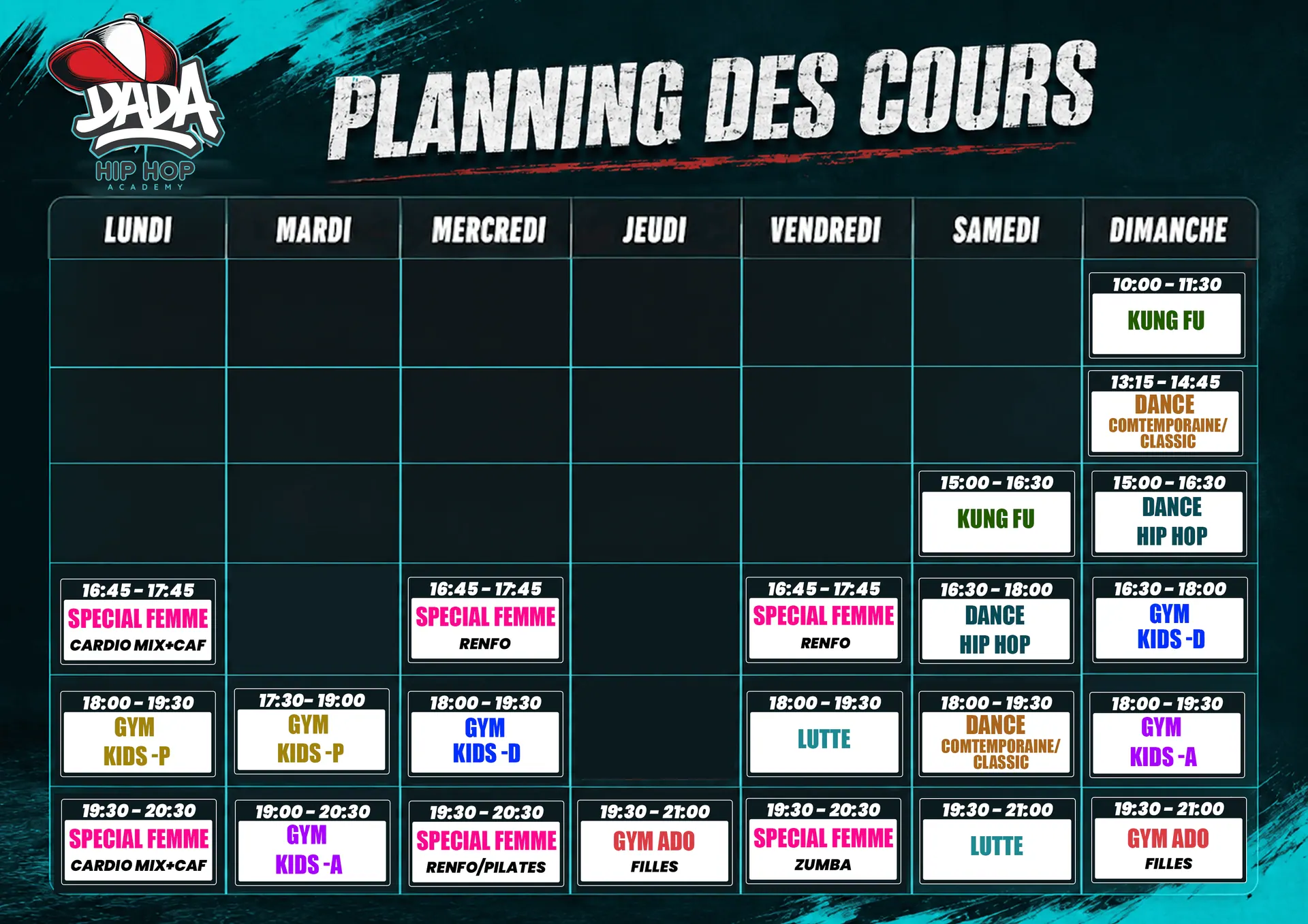 Planning hebdomadaire Dada Hip Hop Academy